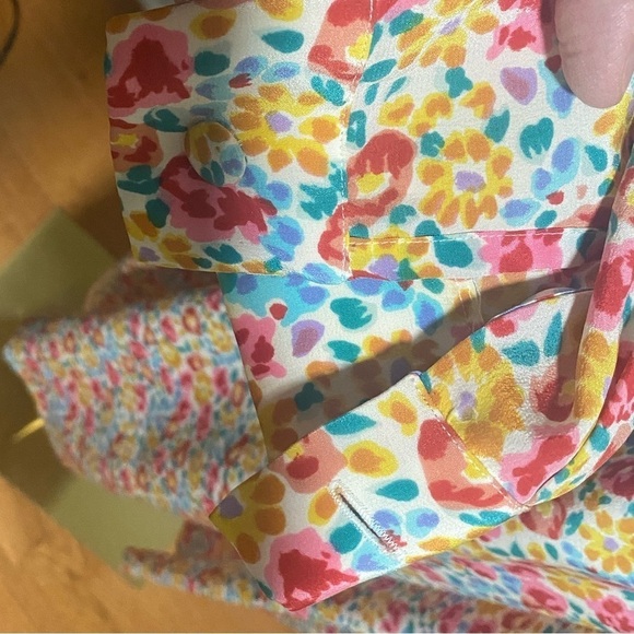 80s TANNER SILK DITZY PASTEL FLORAL PRINT MIDI DRESS BELTED PADDED SHOULDER 14 - Picture 11 of 12